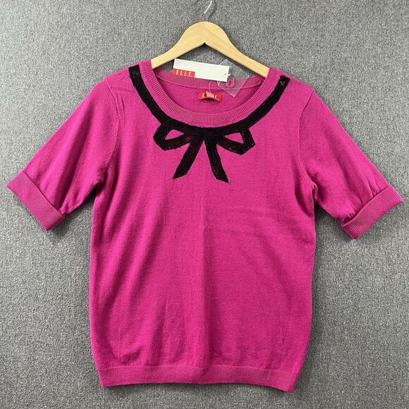 Elle Tops - NWT ELLE Women’s Knit Sweater Top Pink Short Sleeve Lace Bow Size M